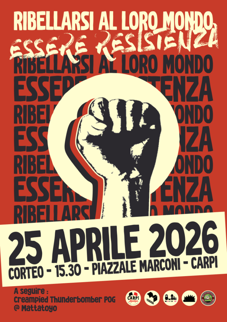 Manifesto per il corteo del 25 Aprile a Carpi con ritrovo alle 15:30 in piazzale Marconi